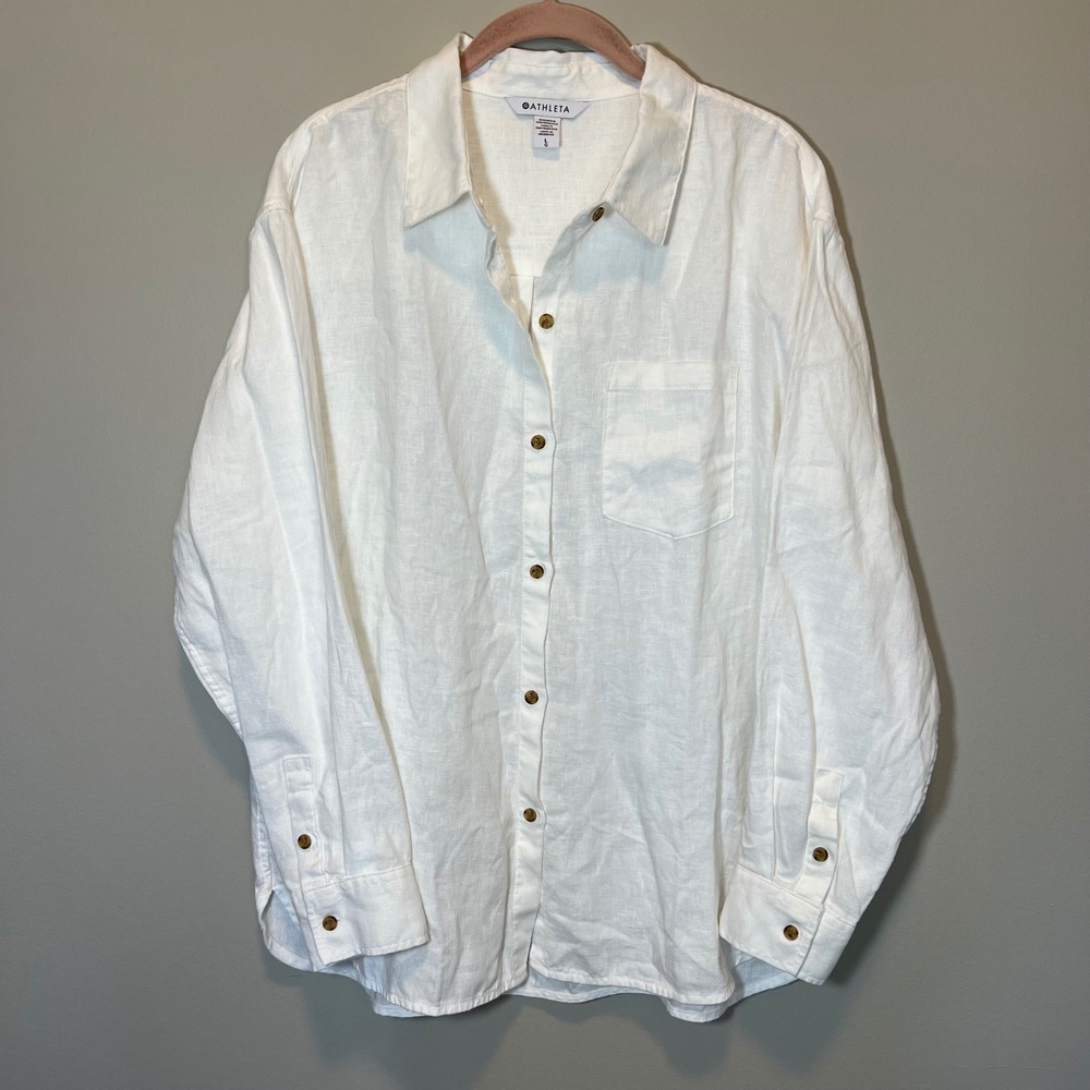 Athleta White Linen Button Down Shirt Long Sleeve Pocket Top Women's Large